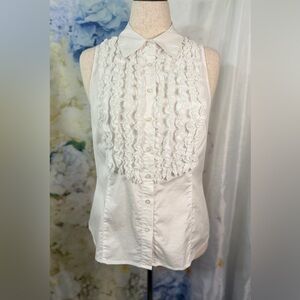 INC International Concepts Ivory Blouse Ruffle Breast tuxedo regency button up